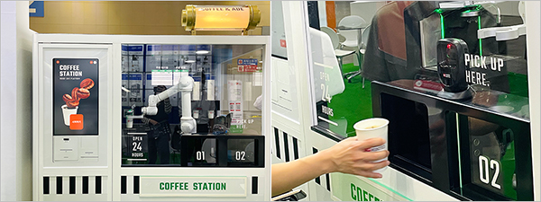 레인보우로보틱스가 선보인 로봇 카페 플랫폼 '믹스(MIXX)'. 이는 커피와 에이드 등 다양한 외식 아이템에 맞춰 식음료를 제조하는 자동화 솔루션을 제공한다.(사진=최지혜 기자)