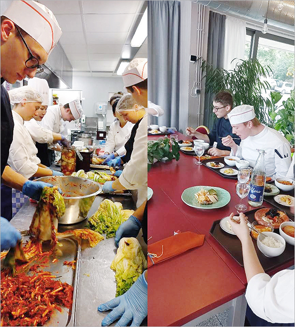 지난달 벨기에 한국문화교육협회와 브뤼셀 세종학당, 벨기에 왕립 나무르 요리전문호텔학교의 주최로 나무르학교에서 진행된 김치 한식 수업 현장. 오른쪽 사진은 벨기에 학생들이 한식으로 식사를 하고 있다. (사진=대한민국김치협회)
